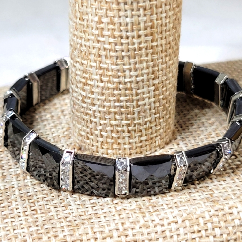 Faceted Hematite Beads and Icy Rhinestone Spacers Bracelet with Filagree Clasp